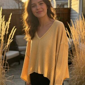 We The Free Relaxed V-Neck Waffle Knit Sweater in Mustard